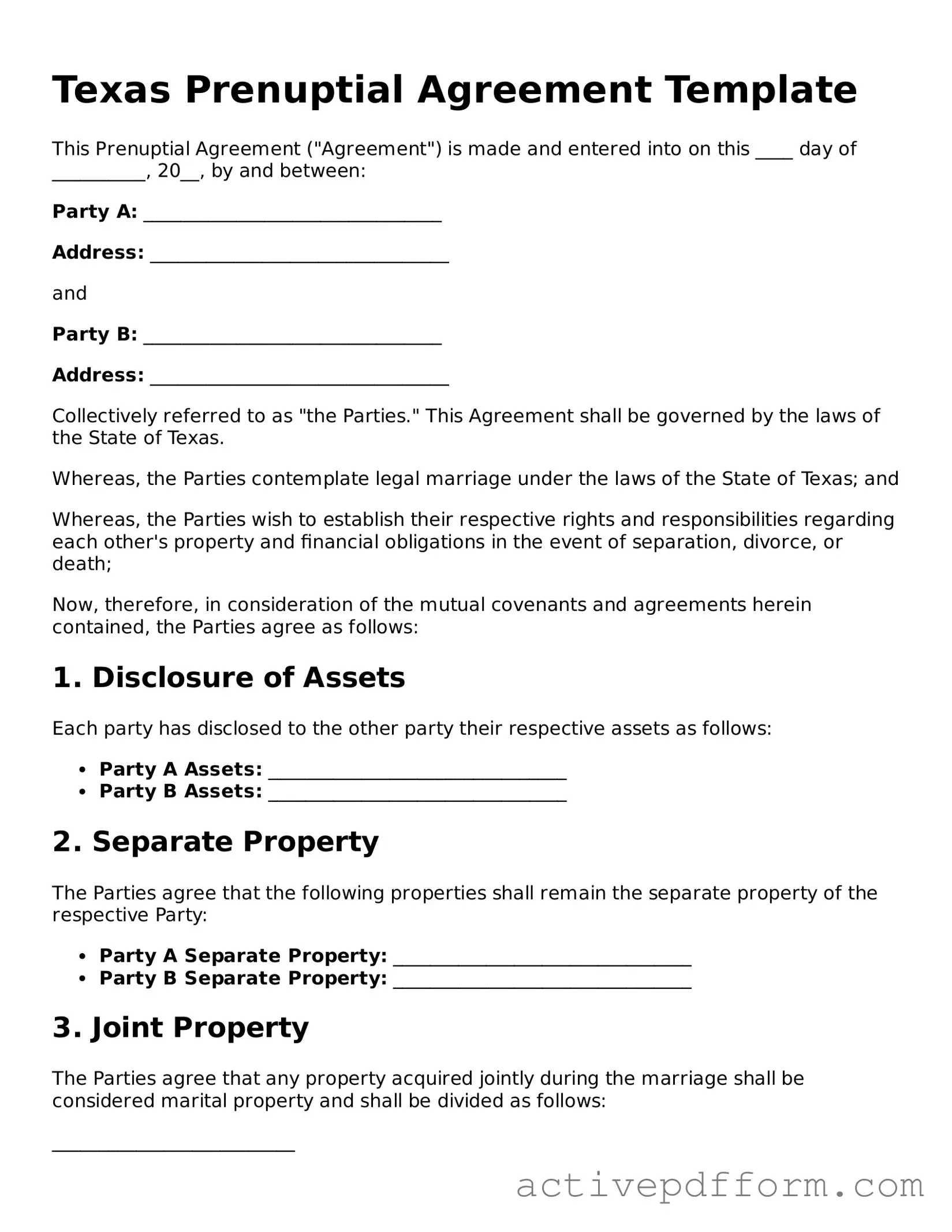 Blank Texas Prenuptial Agreement Document
