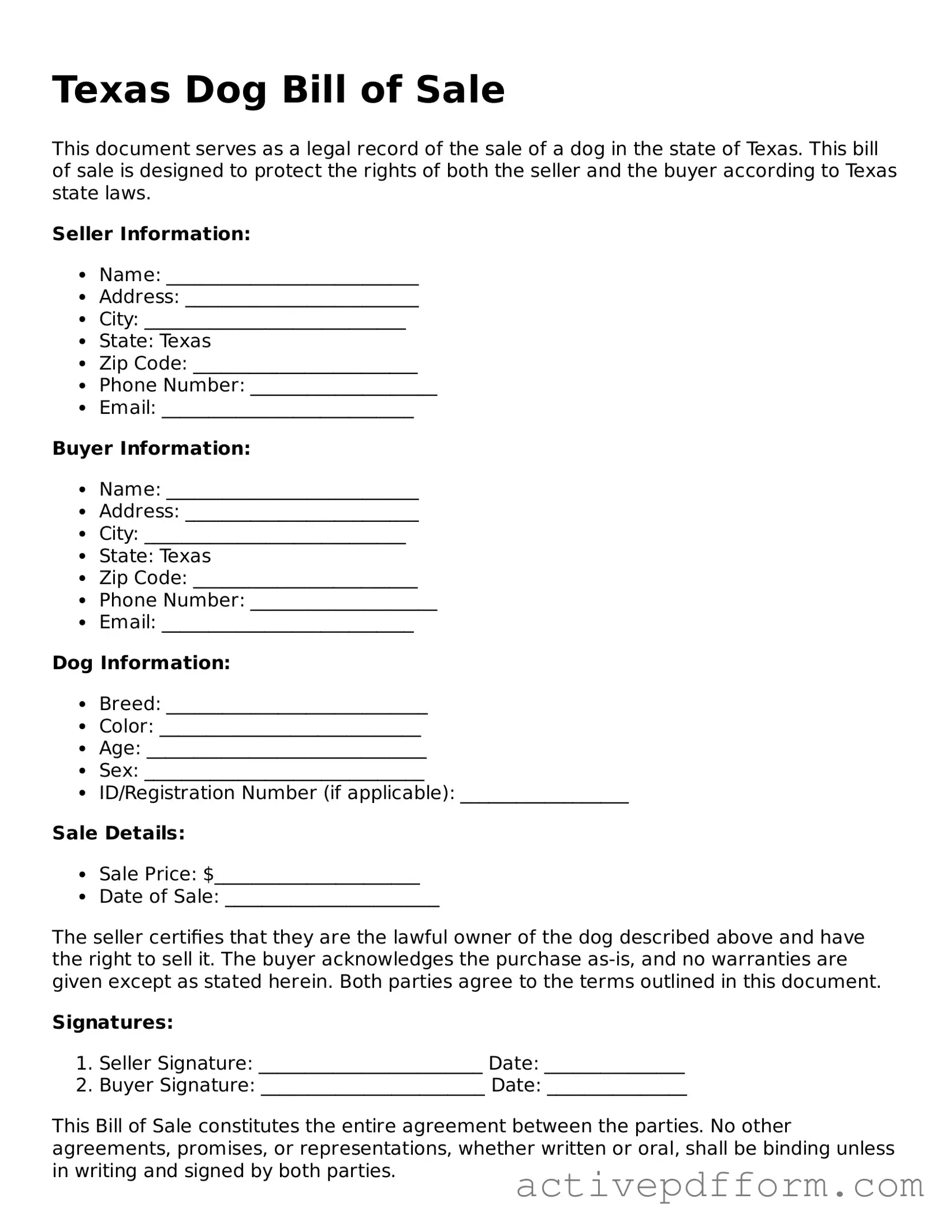 Blank Texas Dog Bill of Sale Document