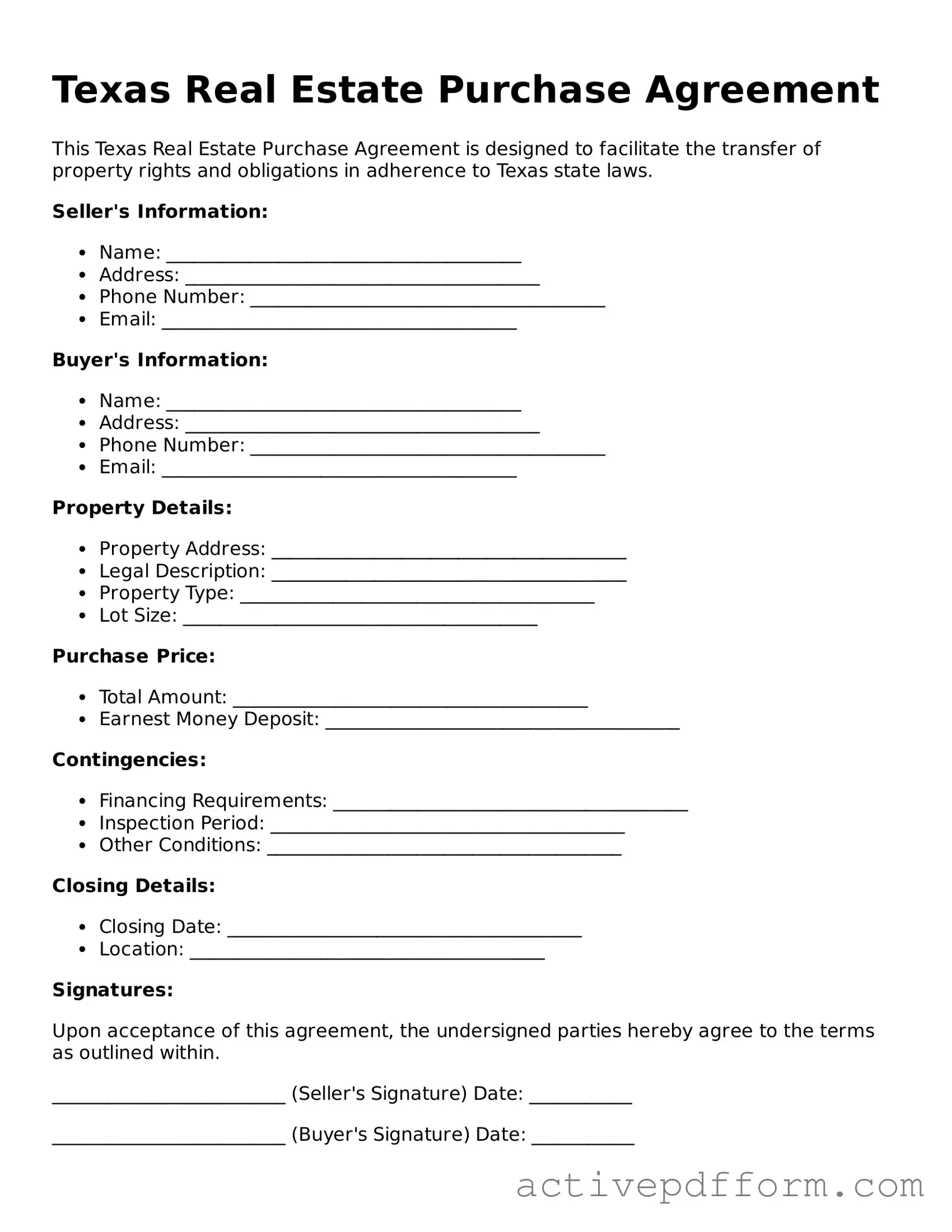 Blank Texas Real Estate Purchase Agreement Document