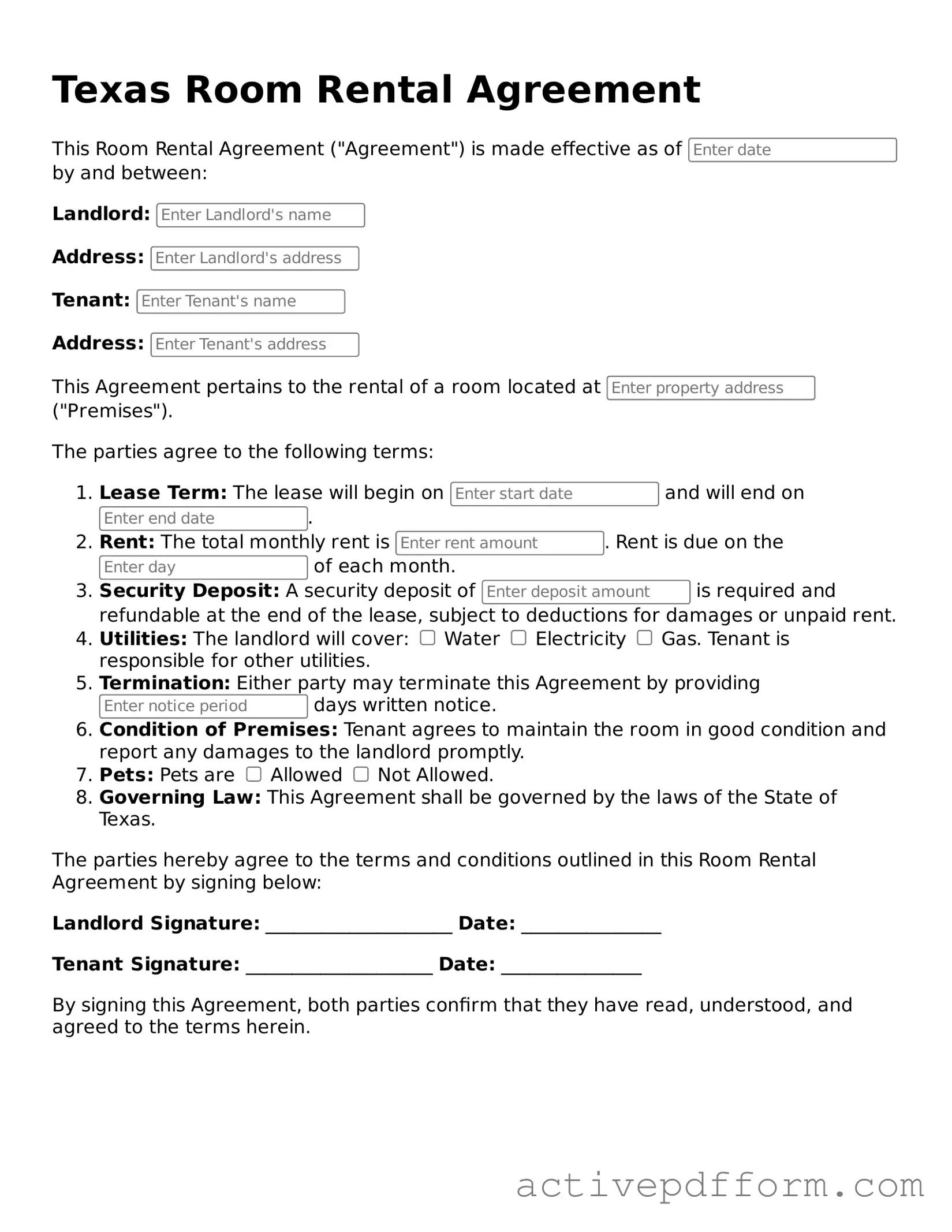 Blank Texas Room Rental Agreement Document