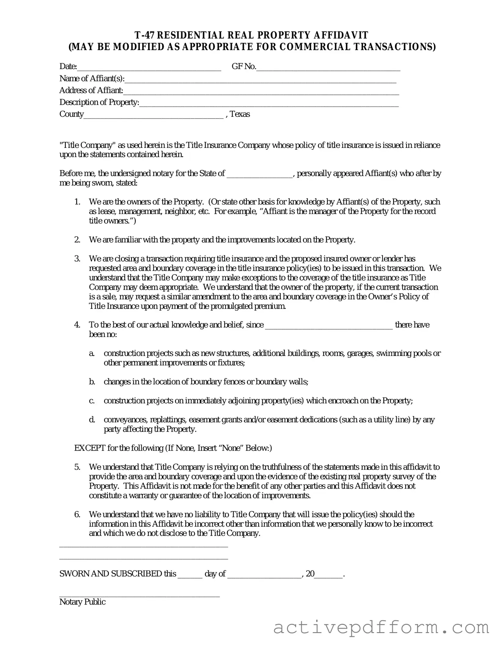 Free Texas residential property affidavit T-47 Template