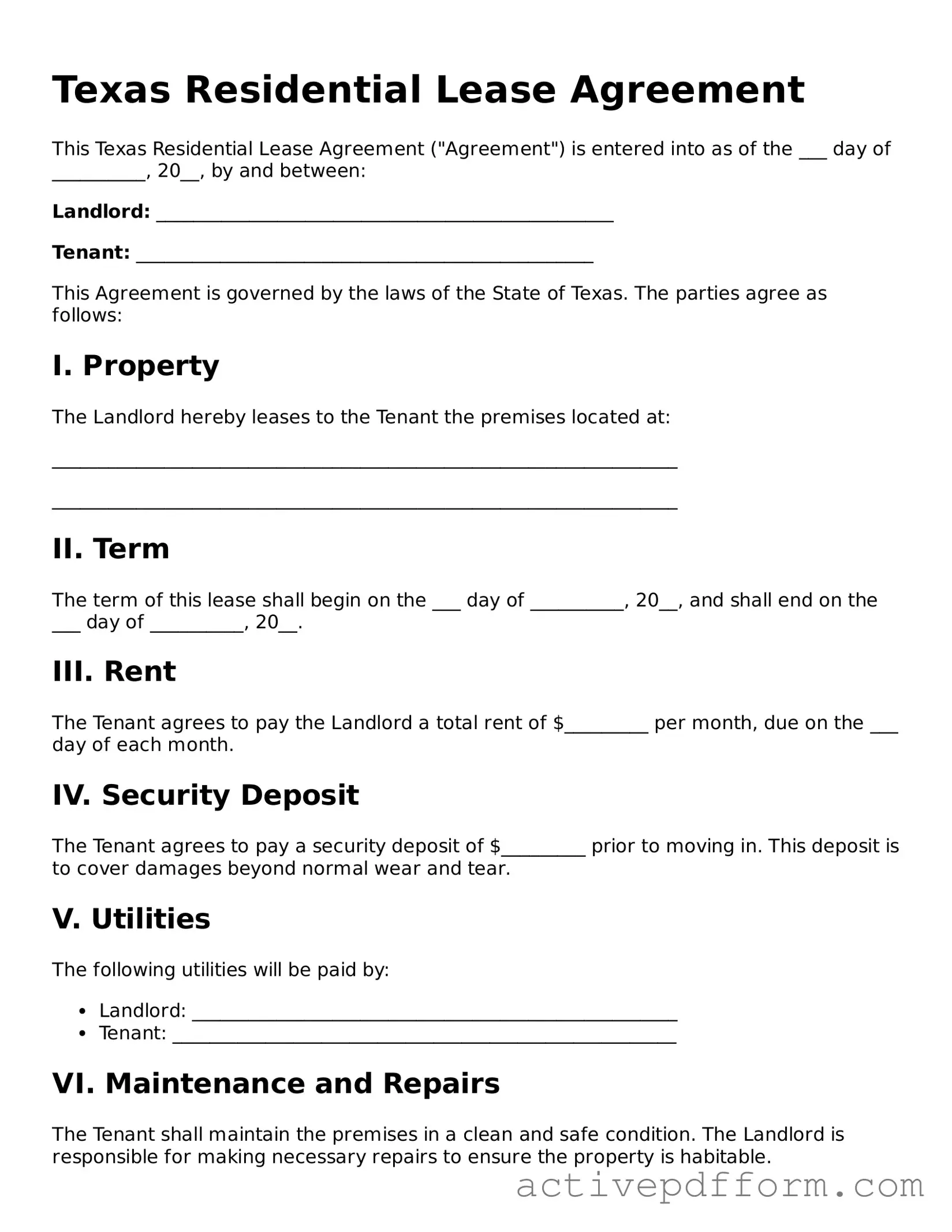 Blank Texas Residential Lease Agreement Document