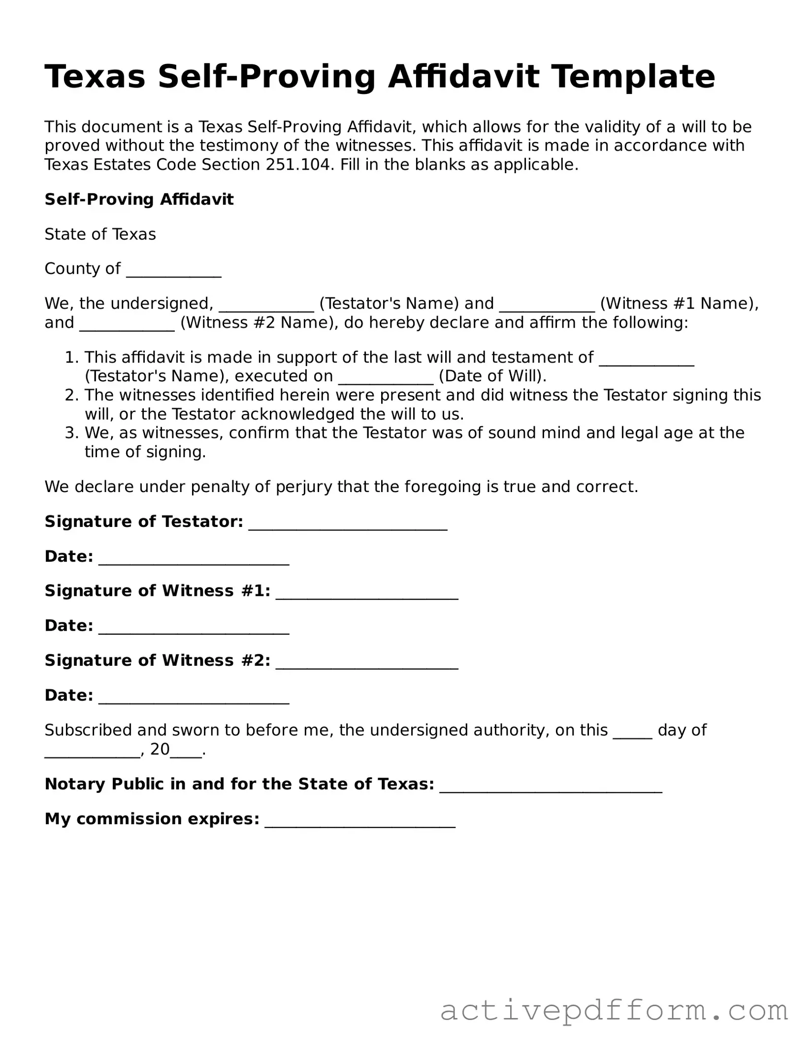 Blank Texas Self-Proving Affidavit Document