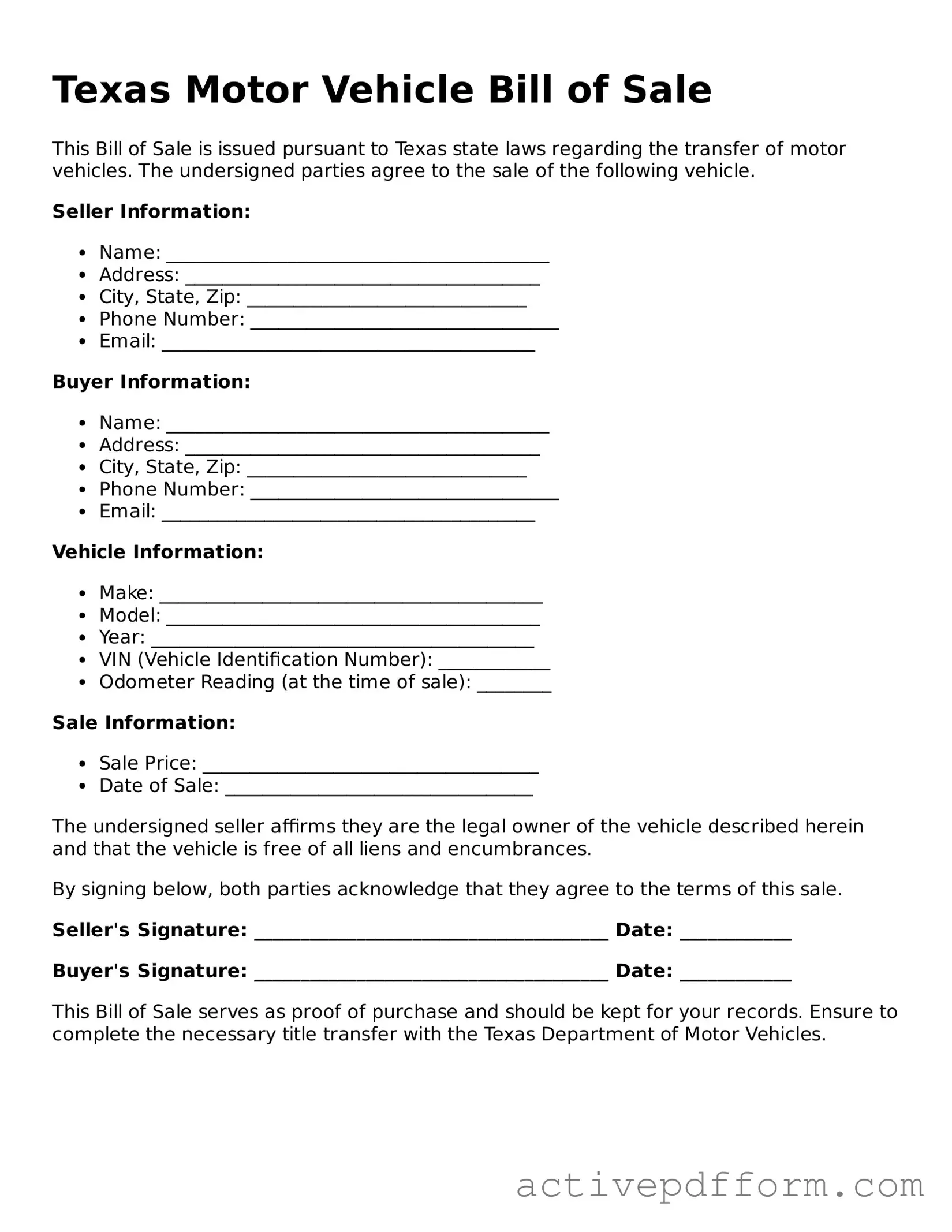 Blank Texas Motor Vehicle Bill of Sale Document