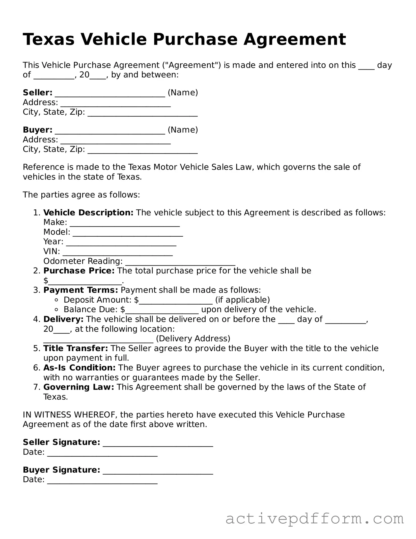 Blank Texas Vehicle Purchase Agreement Document