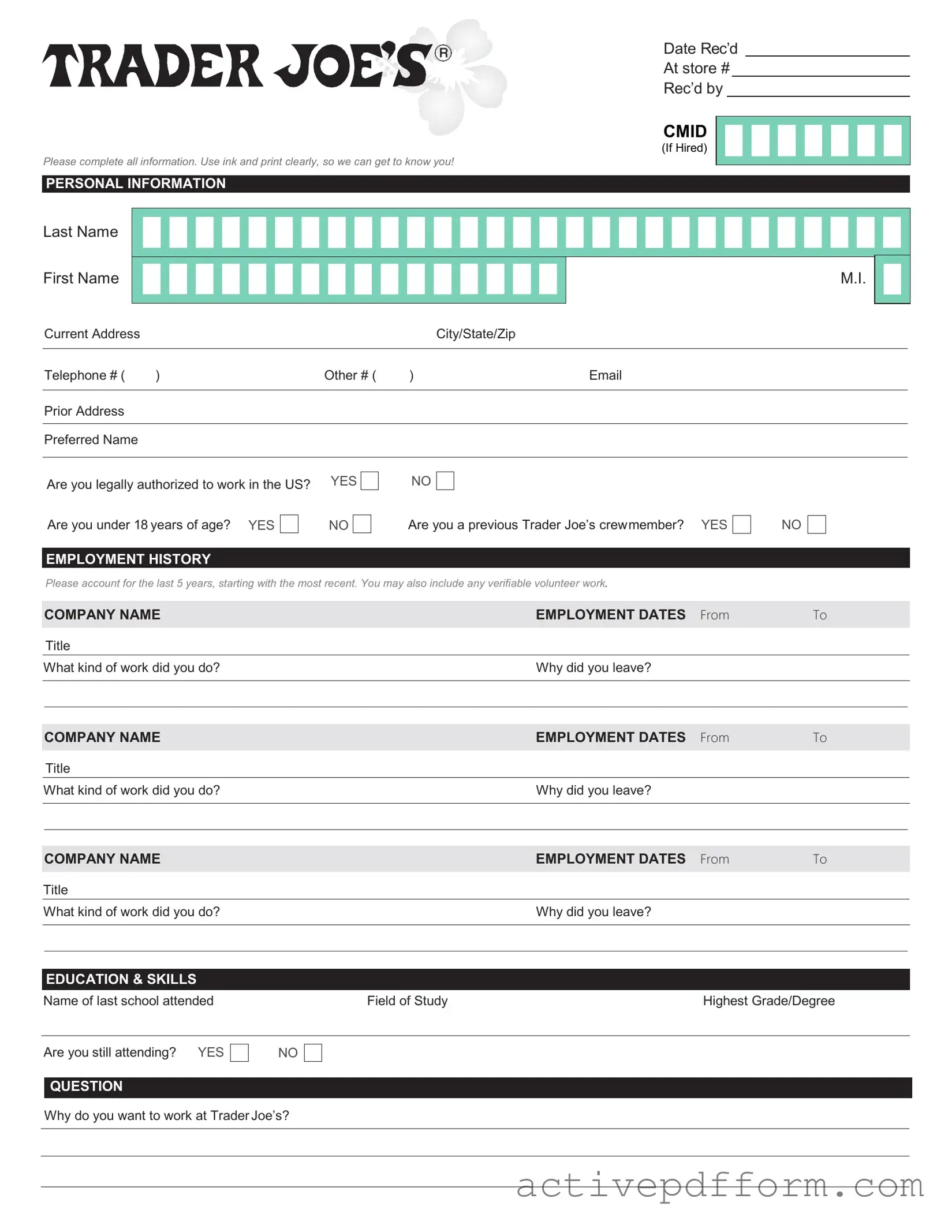 Free Trader Joe's application Template