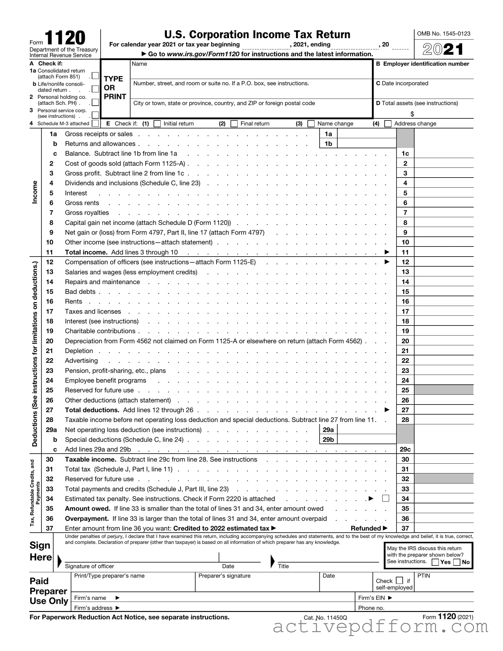 Free IRS 1120 Template