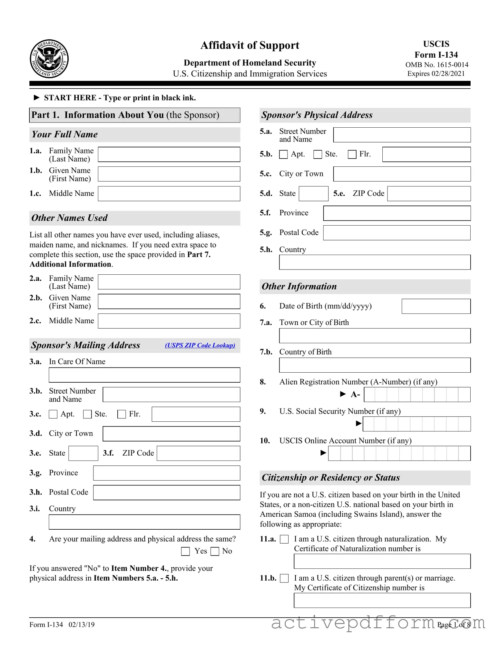 Free USCIS I-134 Template