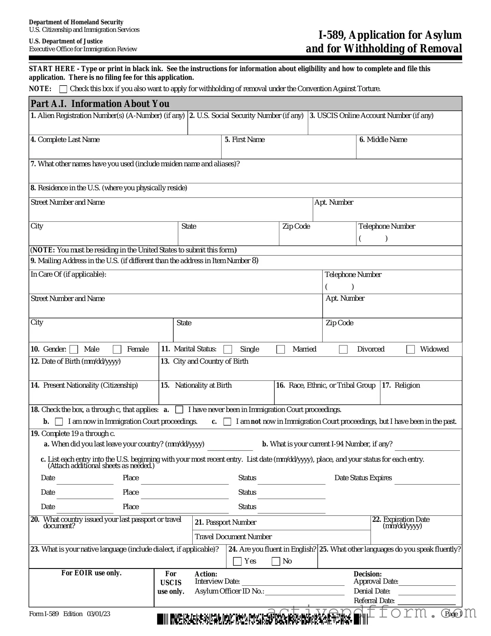 Free USCIS I-589 Template