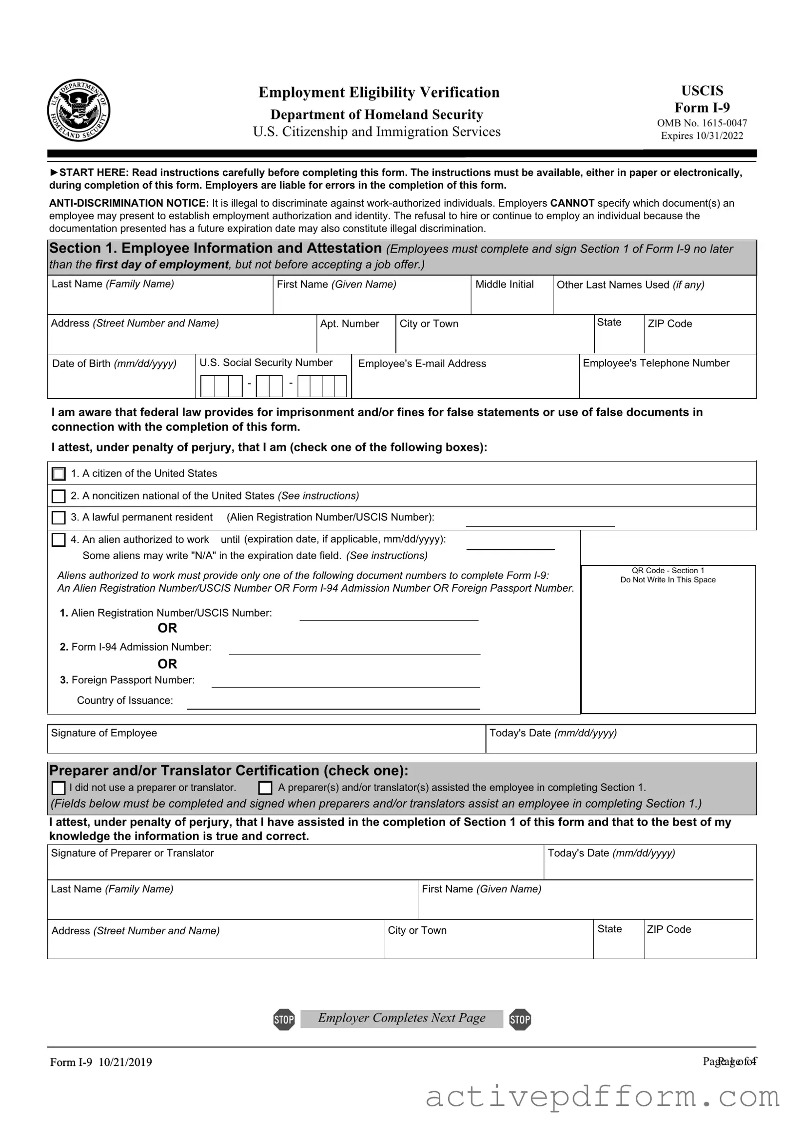 Free USCIS I-9 Template