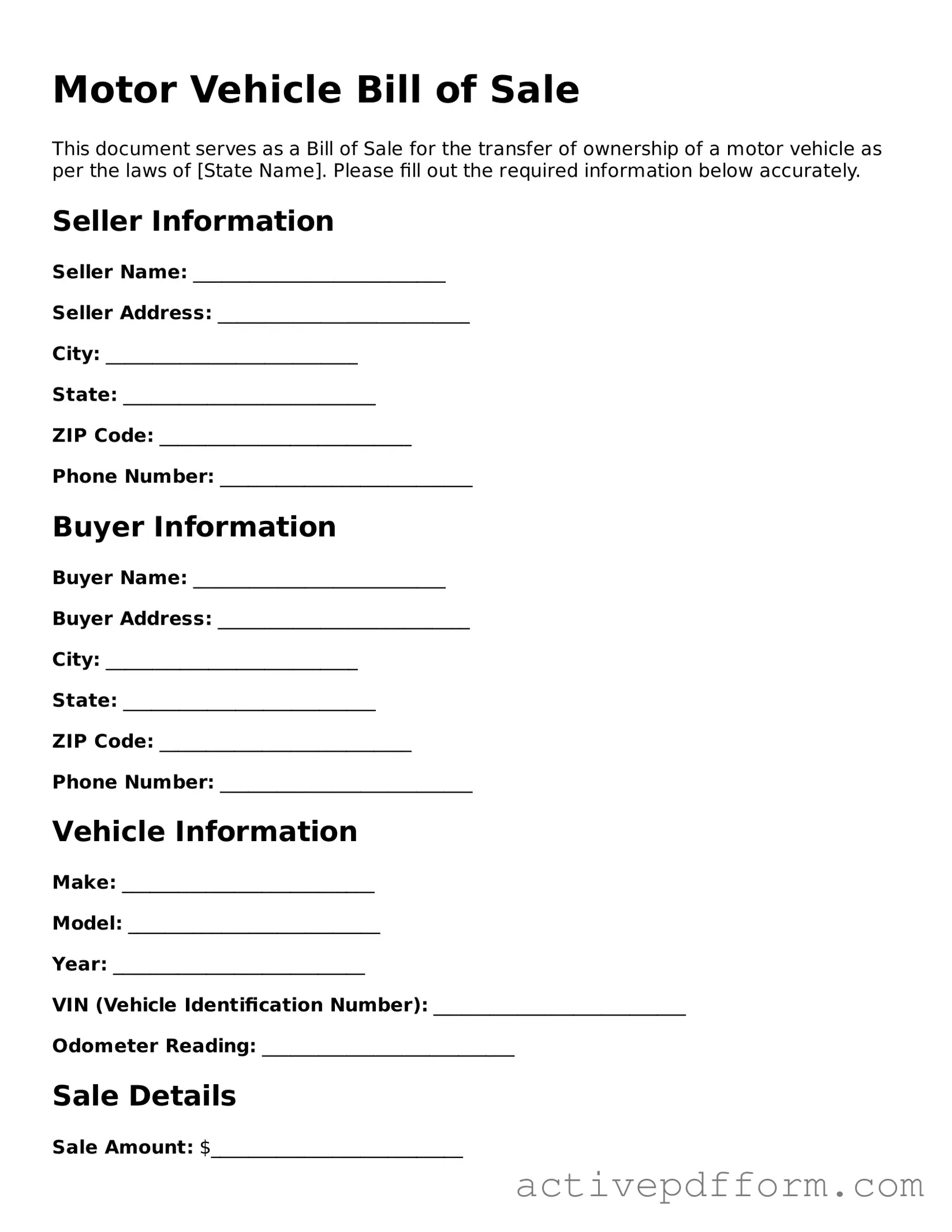Blank Motor Vehicle Bill of Sale Document