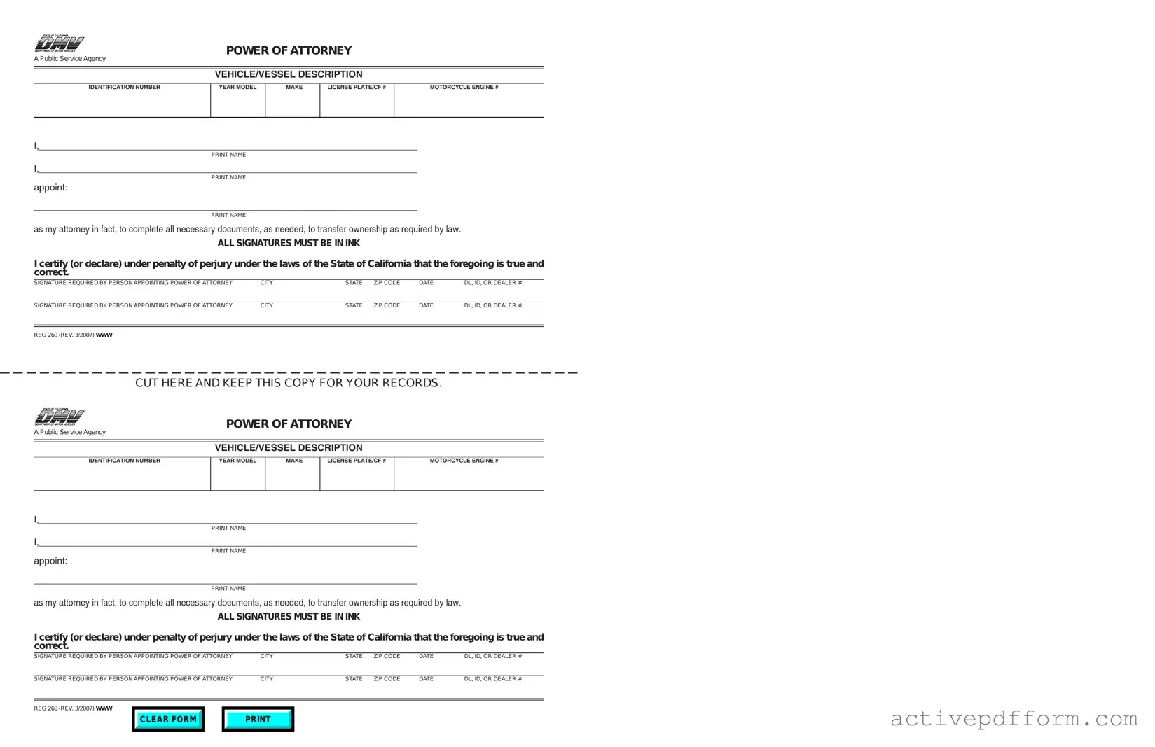 Free Vehicle POA REG 260 Template