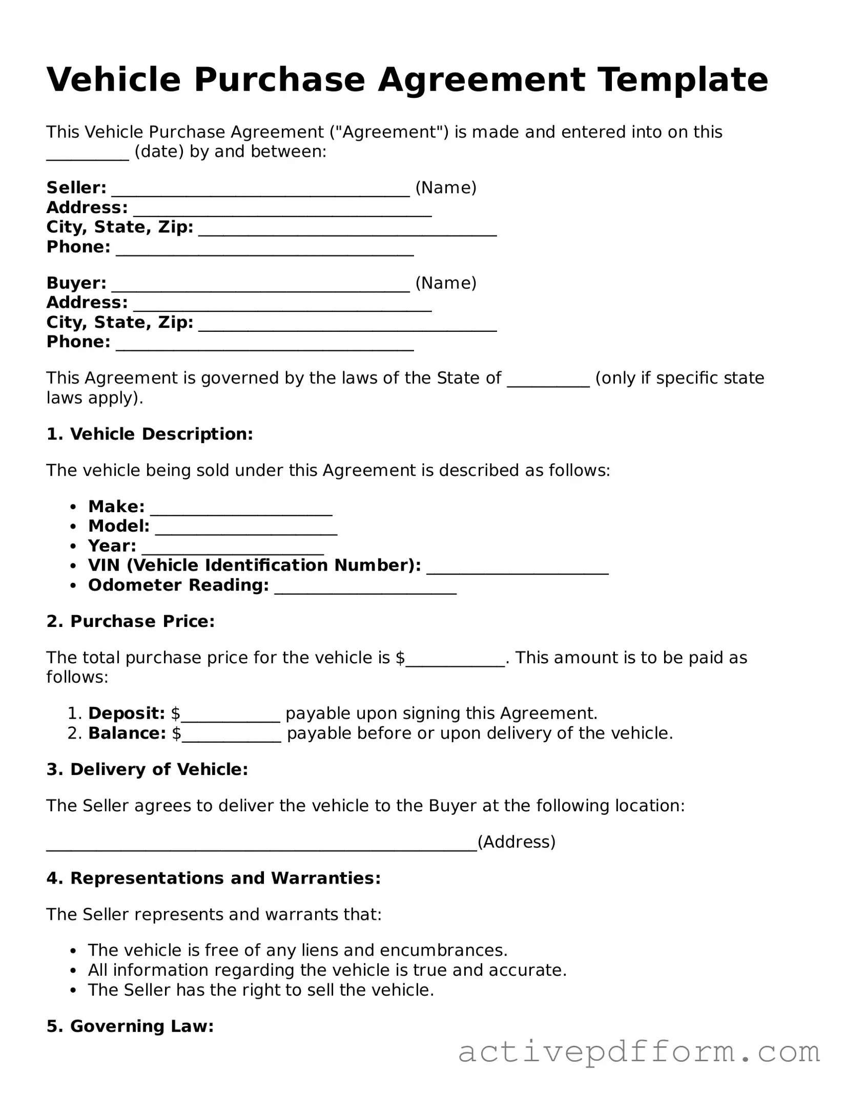 Blank Vehicle Purchase Agreement Document