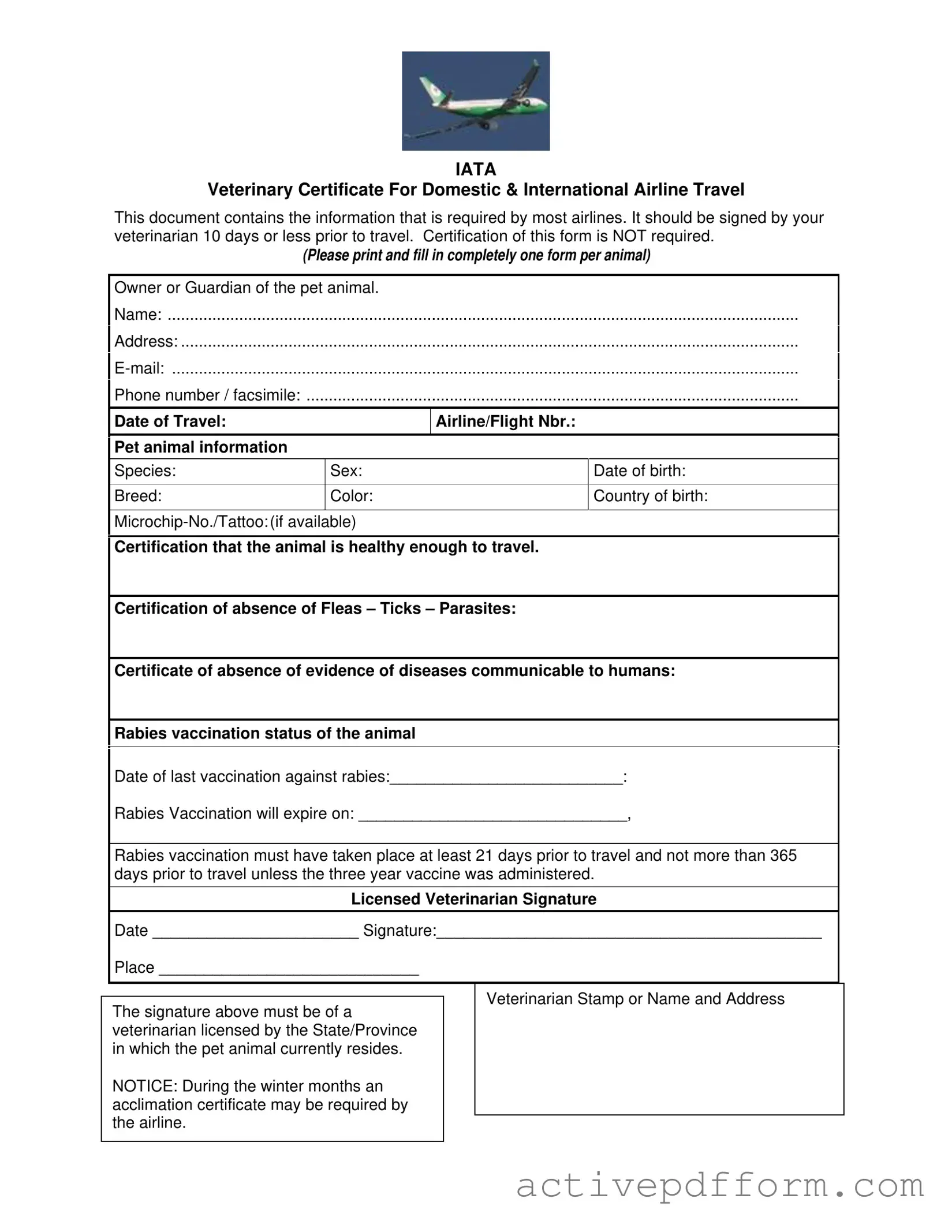 Free Veterinary Certificate Travel Template
