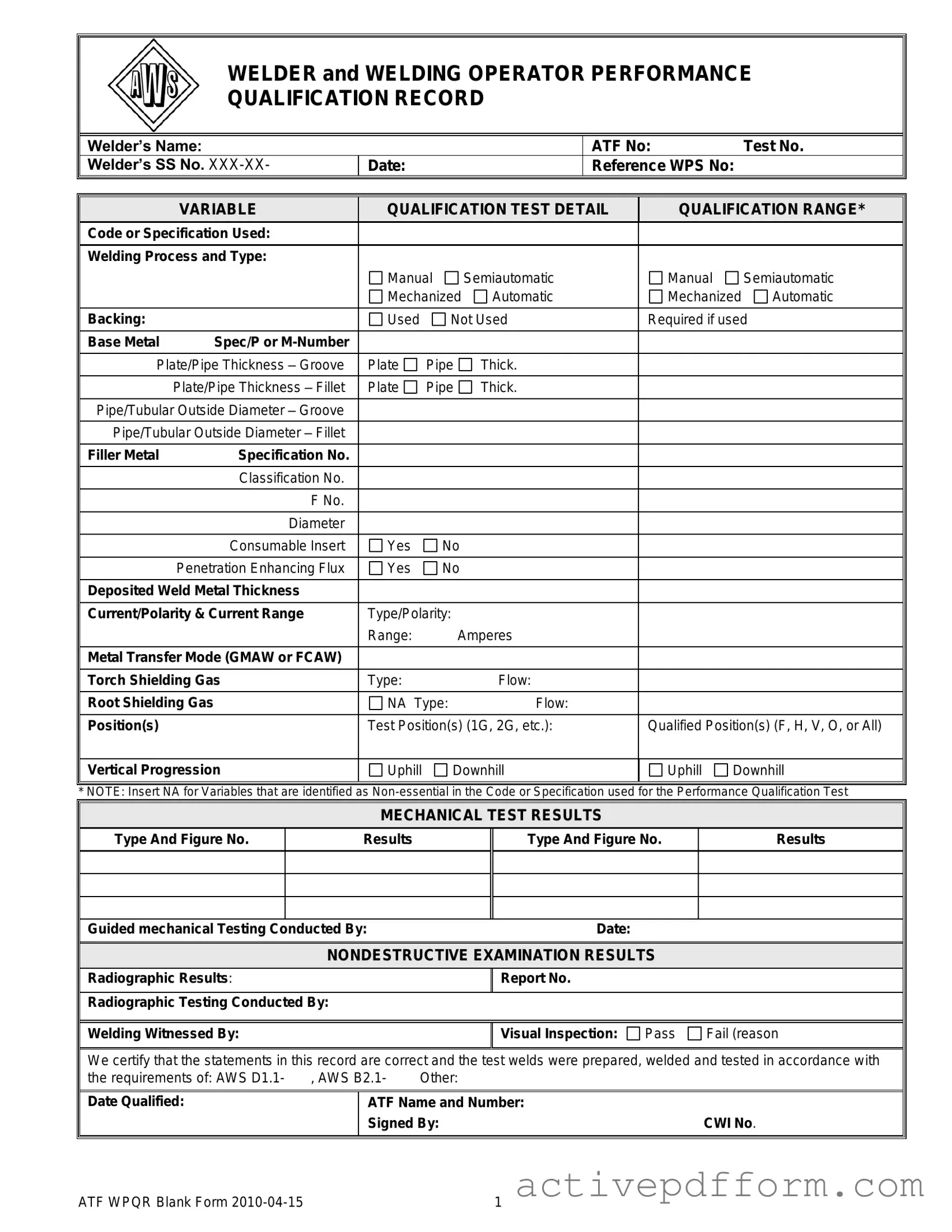 Free Welder Performance Qualification Record Template